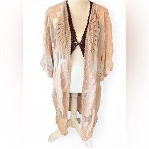 Blush Lace Embroidered Kimono – Size Large – Boho Sheer Duster Cardigan